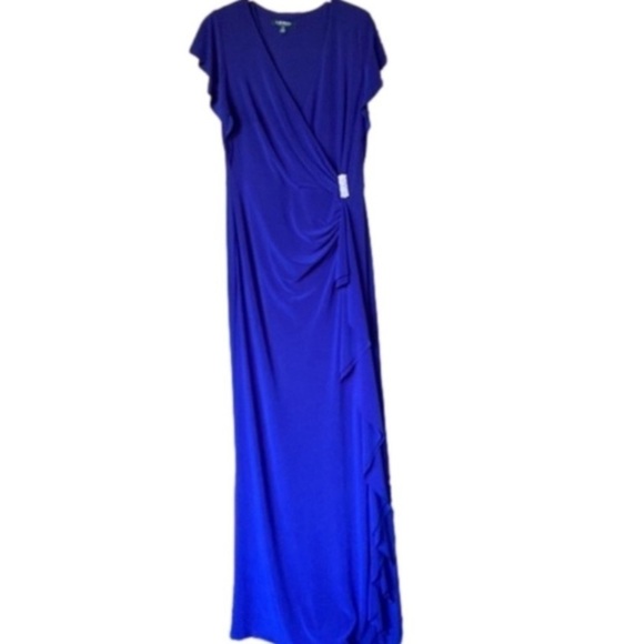 Ralph Lauren Parisian Ruched Floor Length Gown Size 8 Wrap Style Rhinestone Blue - Picture 2 of 12